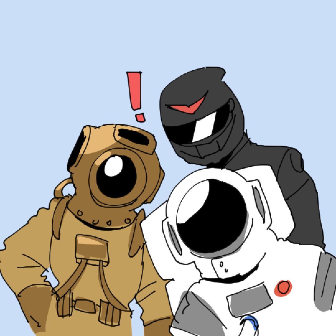 Image of the scuba diver, the motorcyclist, and the astronaut from the webtoon Just Roommates. The scuba diver wears a tan old-fashioned scuba suit and has a red exclamation point over their head. The motorcyclist wears a black motorcycle helmet with a red V over the visor and a black motorcycle jacket. In front of them is the astronaut in a white space suit, peeking out from the bottom right corner. The three of them stand facing the viewer against a light blue background.